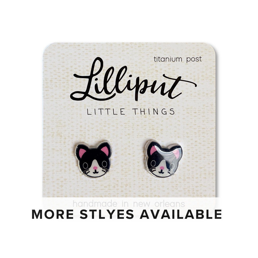 Kitty Cat tiny stud .  black/white Earrings.  Lillyput